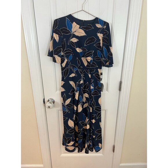 Maggy London Women's Leaf Print Midi Dress Flutter Sleeves Size 4 NWT - Picture 2 of 7